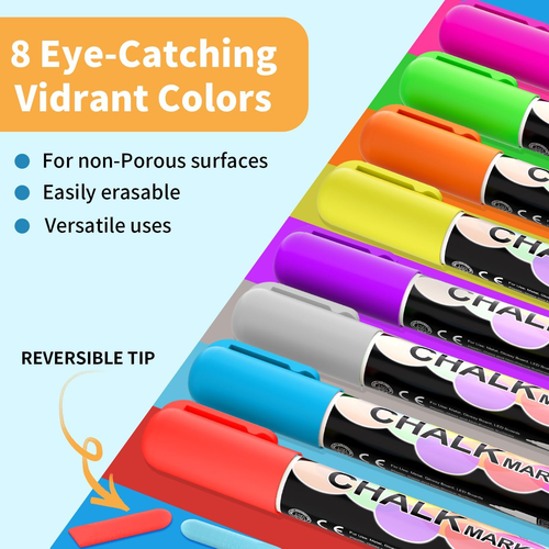 8 Color Liquid Chalk Window Markers for Car Glass Erasable, 10Mm Jumbo Chalk Mar - Picture 3 of 9