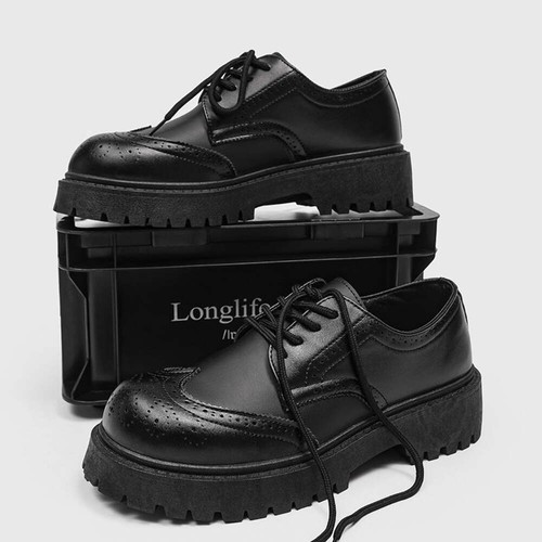 Men's Black Leather Shoes Carved Brogue Big Toe Round Head Lace-Up Casual Shoes - Picture 6 of 19