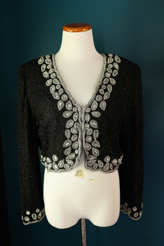 Vintage Laurence Kazar Silk Beaded Cropped Jacket Bolero Teardrop Sequins L