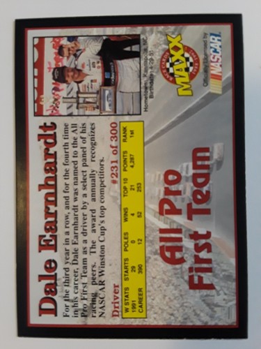 1992 Maxx Dale Earnhardt All-Pro #231 Nascar Racing Card - Picture 2 of 2