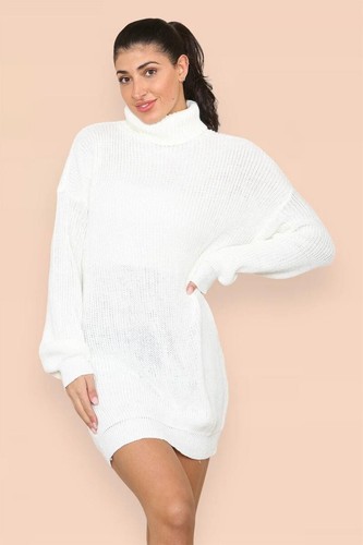 H.O.S Womens Polo Roll Neck Oversized Ribbed Knitted Florescent Jumper Dress - Picture 6 of 25