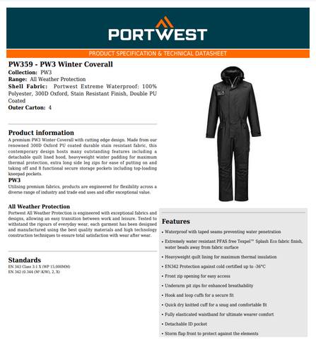 Portwest PW3 Winter Overall schwer wasserdicht Kapuze WorkWear Overall UK - Bild 4 von 8