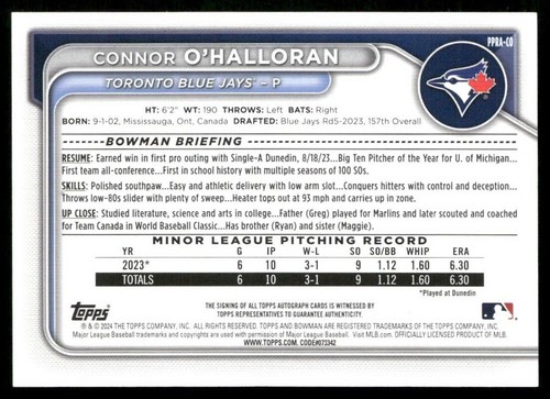 2024 Bowman #PPRA-CO Connor O'Halloran Purple Auto 220/250 Toronto Blue Jays - Picture 2 of 2