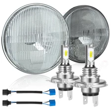 Pair 7 Inch GLASS Round Headlight Housing + H4 LED Bulb CLASSIC Conversion Kit