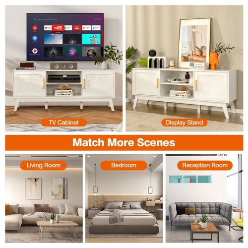 TV Stand Living Room Wooden Media Console W/2 Rattan Door & Open Storage Shelves - Picture 7 of 10