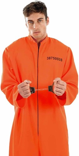 Mens Orange Prisoner Costume Adult Convict Jail Jumpsuit Fancy Dress M L XL - Picture 3 of 7