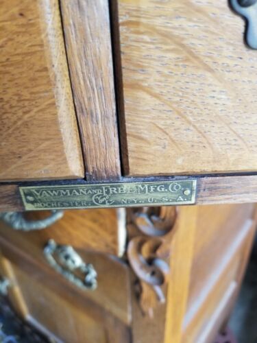 Antique Oak Yawman & Erbe Four Drawer Library Index Card Desktop File Cabinet