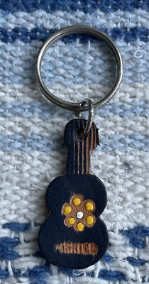 Vtg Mexico Black Leather Guitar Ukulele Keychain Keyring Hand Painted Flower