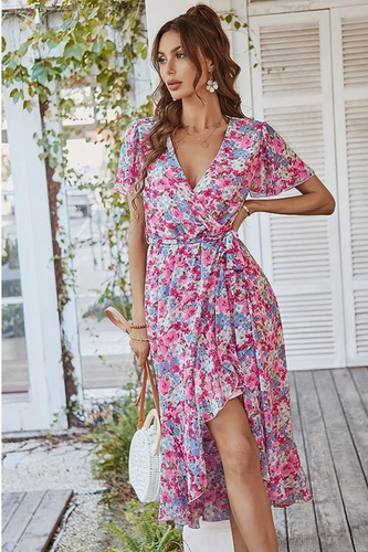 Boho Dress Wrap V Neck Short Sleeve Belted Ruffle Hem Maxi Dress XL Floral - Picture 3 of 4