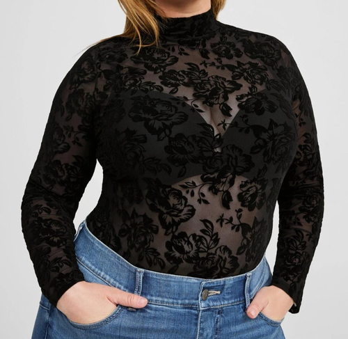 Neu mit Etikett Torrid transparentes Netz beflocktes Top Gr. 4X schwarz Blumenmuster Langarm Witchy Goth