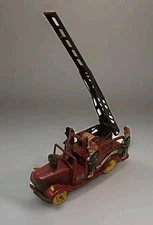 Vintage 6" SSS Shioji Shoten Japan Tin Litho Friction Ladder Fire Truck W/ Siren