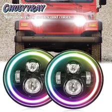 Pair 7" Inch RGB LED Headlights Halo Angel Eyes For Jeep Wrangler JK LJ TJ CJ