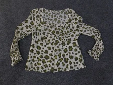 LOFT blouse womens Large white green leopard long sleeve cute