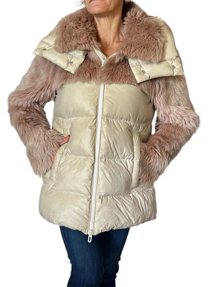 CHAQUETA ABRIGO MUJER DROME BEIGE ACOLCHADO PIEL DE OVEJA CON CAPUCHA ROSA PIEL DE CORDERO PEQUEÑA Foto 4 de 4