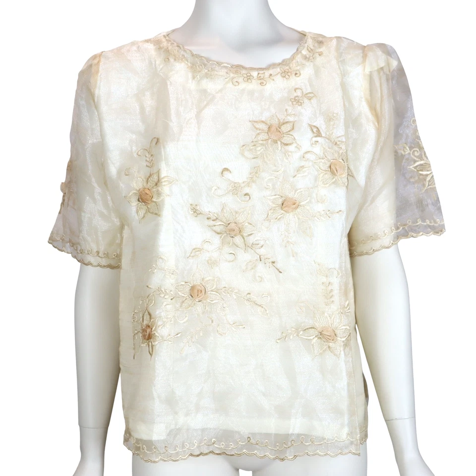 Blusa bordada filipina vintage aplique rosa marfim quimona feminina grande - Imagem 2 de 4