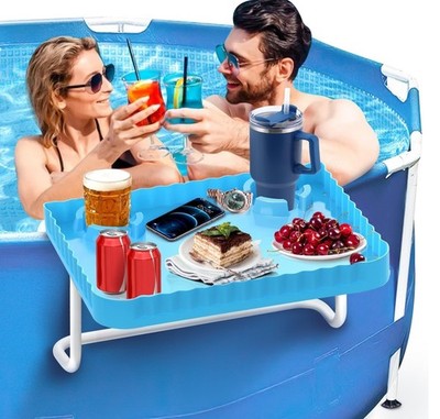 Above Ground Pool Bar, Poolside Table Serving Tray 2 Cup Holders Blue NEW
