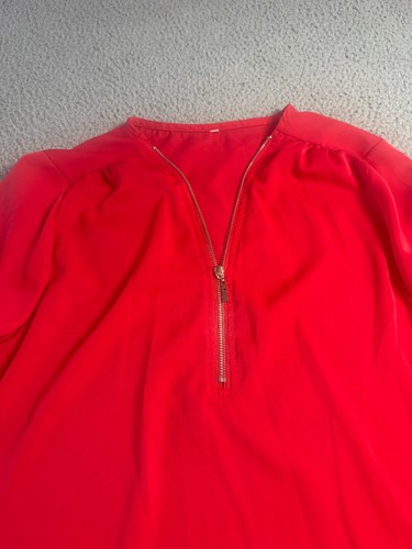 Unbranded Red Womens XL Stretch 1/2 Zip Roll Tab Sleeve Flowy Preppy Chic Blouse - Picture 2 of 11