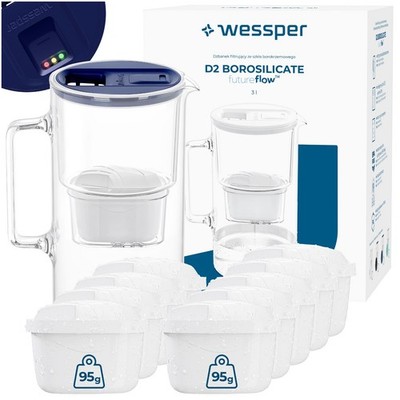 Wasserfilter Kanne Glas blau 3L Wessper LED Filterwechselanzeige 1+9 Filter