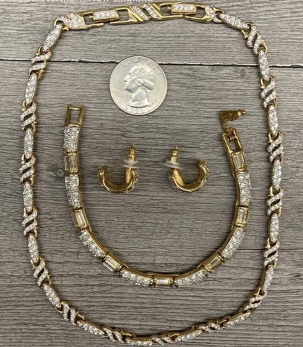 Swarovski Branded Gold Tone Necklace 16" Bracelet 7" Earrings 0.75" Jewelry Set - Picture 3 of 5