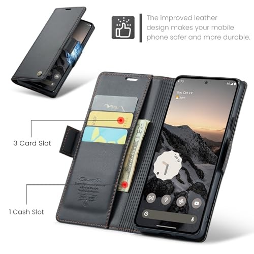 Wallet Case for Google Pixel 9a, PU Leather Magnetic Flip Case with RFID Black - Foto 3 di 7