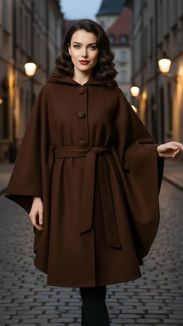 Women’s Wool Hooded Cape Cloak Handmade 1950s Retro Winter Overcoat Poncho