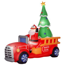 HOMCOM 7.5ft Christmas Inflatable Santa Claus Driving a Fire Truck with Tree, Ou