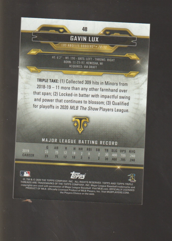 2020 TOPPS TRIPLE THREADS GAVIN LUX ROOKIE # 48 - Image 2 of 2