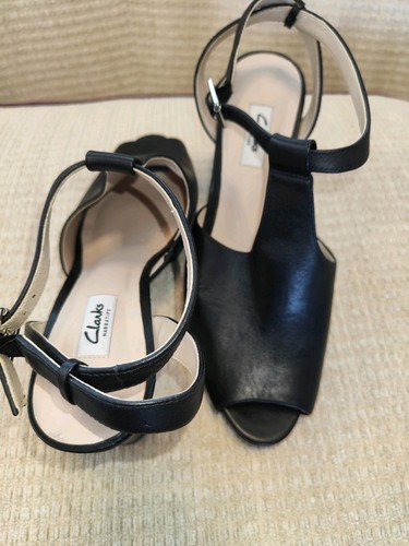 CLARKS Black, Leather, T Bar, Sling Back Shoes, Size 8, Open Toe, Block Heeled - Picture 6 of 8