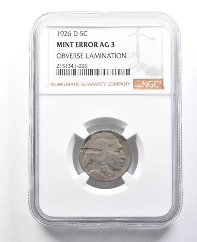 1926-D Indian Head Buffalo Nickel Mint Error Obverse Lamination AG3 NGC *8233