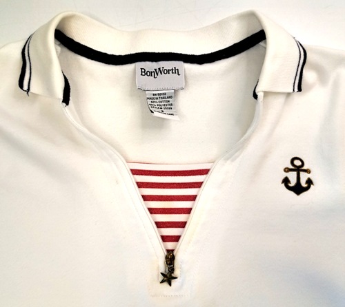 Vtg Bon Worth Nautical Top Women's S OVERSIZED Short Sleeve Anchor Zipper Pull - Picture 2 of 11
