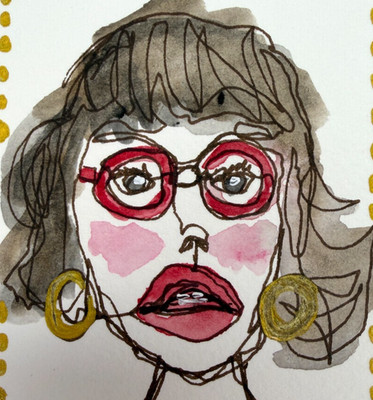 Brunette Woman Red Glasses & red lips ACEO ink watercolor original ATC art