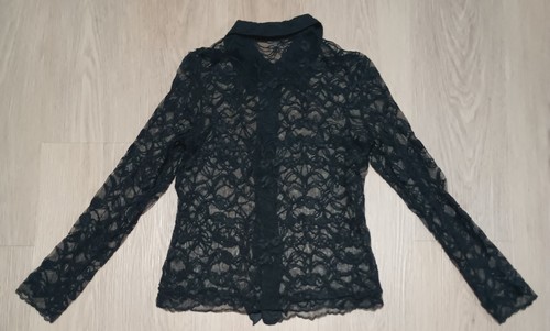 Blusa Camisa Top Vintage Años 80 90 Malla Transparente Negra Soutache Encaje Bordado XS - Imagen 7 de 8