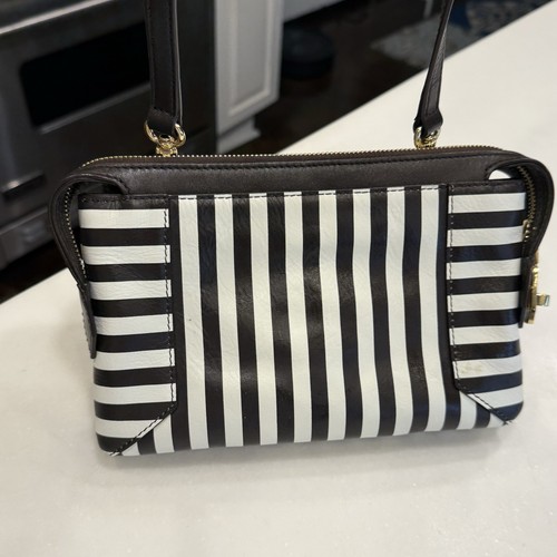 Henri Bendel Brown & Ivory Striped Leather Trim Crossbody W/ Gold Turn Locks - Picture 3 of 20