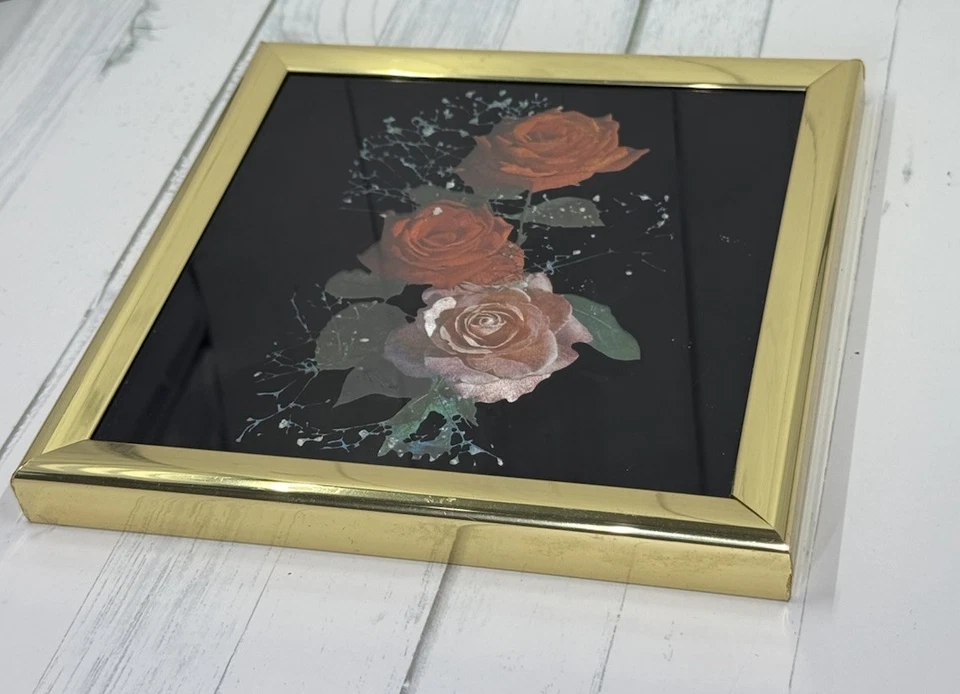 1980s Vintage Kafka Industries HAND ETCHED Foil Print 6" Gold Frame - Pink Roses - Image 3 of 4