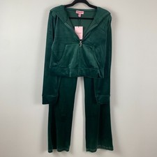 Juicy Couture Velour Tracksuit Set Womens Large Green Crop Hoodie Flare Pants