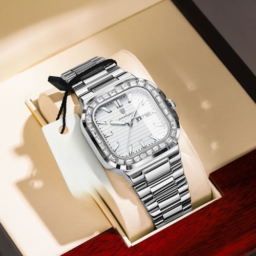 Men's Luxury Rhinestone Calendar Watch Steel Strap Square Quartz Wristwatch Gift - Foto 15 di 23