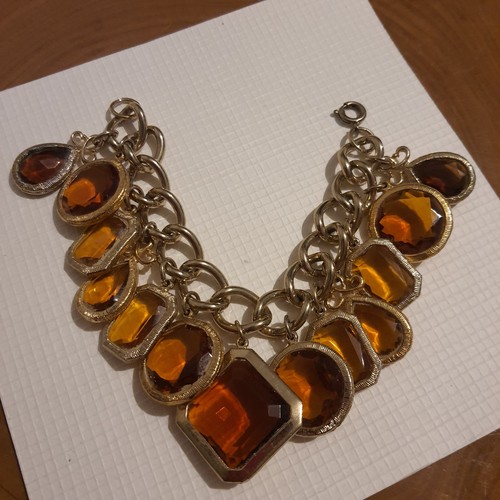 Vintage goldfarben Kettenglied Bernstein Glas eingefasst Tropfen Charm klobiges Armband - Bild 2 von 8