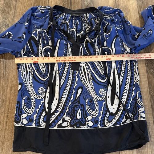 Top túnica Karen Kane para mujer XL azul negro cachemira cuello atado boho campesino - Imagen 6 de 10