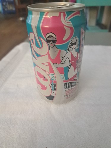 Vintage 1989 Cherry Coke Pop Art Empty Can - Couple on Beach Teal & Pink