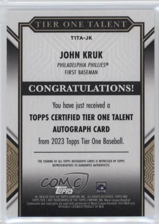 2023 Topps Tier One Tier One Talent Auto /249 John Kruk #T1TA-JK Auto - Image 2 of 2