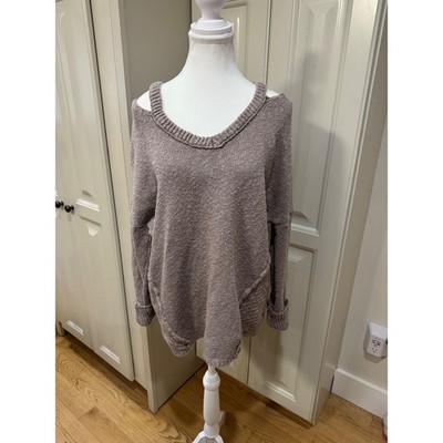 If It Were Me Women M V Neck Knit Distressed Sweater Loose Fit Pullover Taupe