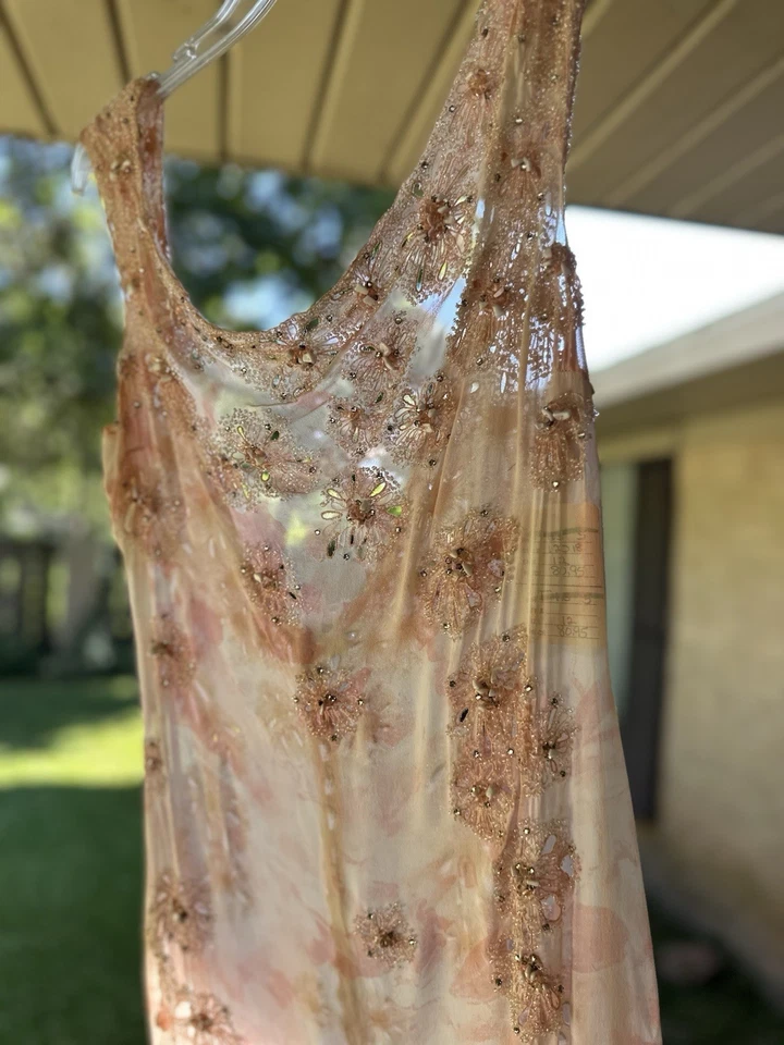 NUEVO CON ETIQUETAS DE COLECCIÓN Vestido Maxi Sin Mangas Seda Capucha Transparente Corte Sesgado Cuentas Floral Y2K Hada 12 Foto 3 de 4