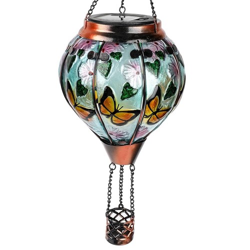 Hot Air Balloon Solar Lantern with Flickering Flame, Glass Hanging Garden Lig...