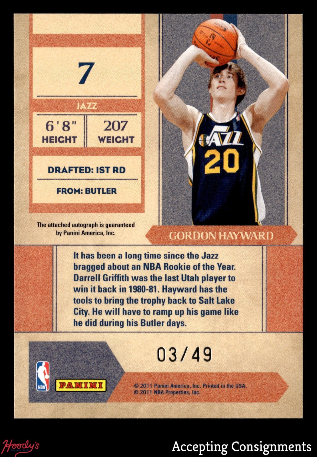 2010-11 Playoff Contenders Patches Rookie Year Gold Gordon Hayward RC AUTO 03/49 view 2