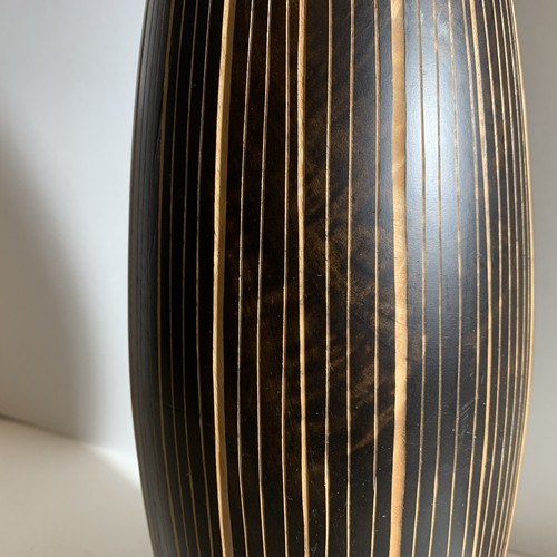 Tall Modern Wooden Hand Carved Striped Linear Brown Vase Decor - Picture 5 of 17