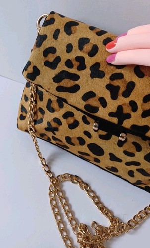 Real Suede Tiger Print Shoulder/Crossbody/Clutch Bag, Gold Detachable Chain Stra - Picture 5 of 8