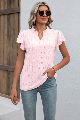 Women's Top- Eyelet Notched Neck Flutter Sleeve Top - Picture 9 of 26