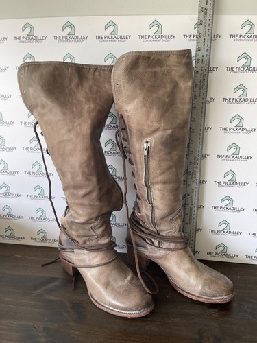 Freebird by Steven Coal Tall Leather Boots Cognac Brown Size 11 Distressed Lace - Picture 4 of 11