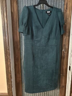 DKNY Womens Dark Green Dress Ruched Pouf Sleeve V Neck Knee Length Party Size 12