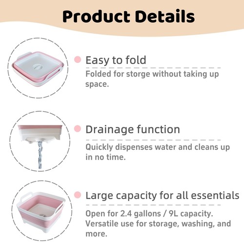 Portable Collapsible Wash Basin - 2.4 Gal Camping Sink Dish Tub Pink - Picture 5 of 6
